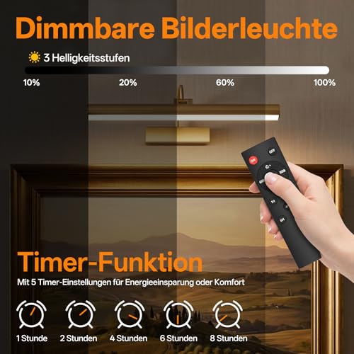 Gresonic kabellose Bilderleuchte Akku, 42 cm, 3 Lichtfarben, dimmbar, Gold