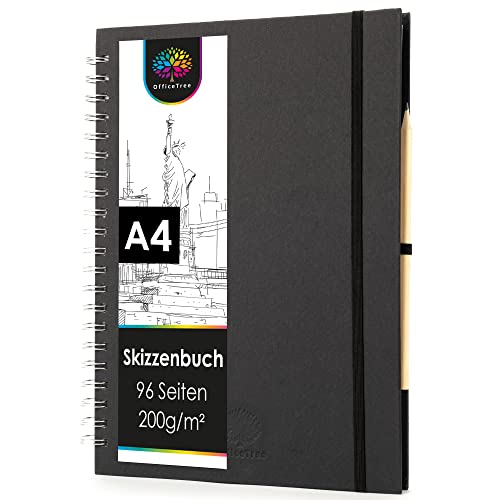 OfficeTree Skizzenbuch A4 Spiralbindung - Hochformat - 96 Seiten 48 Blätter - Sketchbook A4 200g - Weißes Blanko Papier - Skizzenbuch Aquarell - Skizzenheft inklusive Bleistift