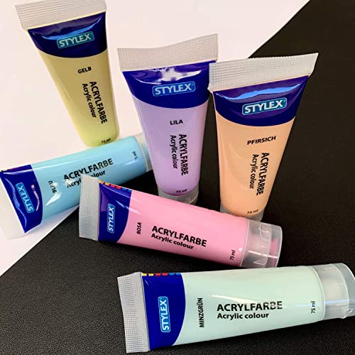 Stylex 28629 - Pastell Acrylfarben im Set, 6 Tuben á 75 ml, auf Wasserbasis hergestellt, matt, hohe Deck- und Farbkraft, lichtbeständig, schnelltrocknend und wasserfest