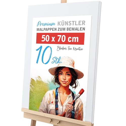 10 Stk. 50x70cm große Künstler-Leinwände im Set zum bemalen - leere weiße Leinwand Malkartons, Malpappen aus 100% Baumwolle, 2-fach weiß grundiert - ideal zum Malen für Profis, Kinder, Hobby