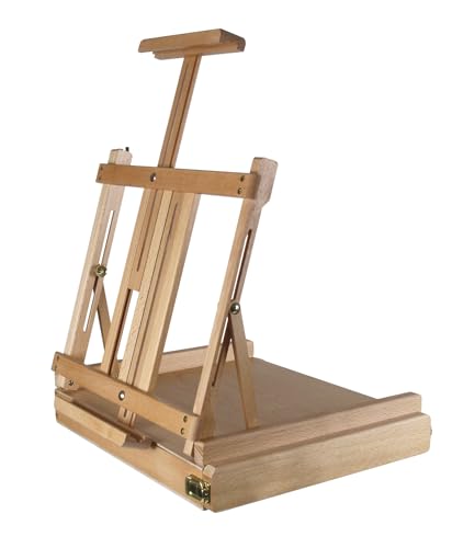 Paintersisters® Professionelle Tischstaffelei, Sitzstaffelei aus FSC Buchenholz, Keilrahmen bis 80cm, Kunstkoffer, Skizzenbox, klappbar
