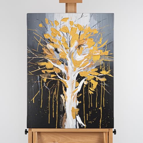 AUREDAS Handgemaltes Acrylgemälde Golden Leaves 60×80 cm in Schwarz & Gold – Hochformat – Leinwand – Schwarz/Weiß – moderne Wanddekoration – hochwertiger Druck