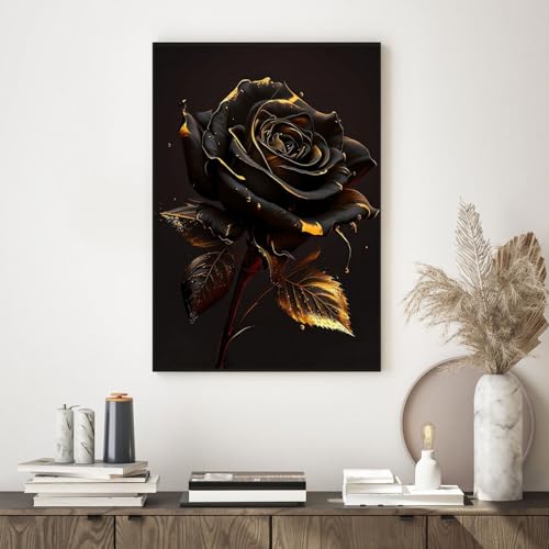 VTRXEG Bilder Schwarz Blume Gold Abstrakt,Modernes blumen bilder auf leinwand,Für Wohnzimmer Schlafzimmer Wanddekoration poster Ohne Rahmen (80x120cm)