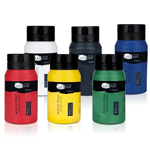 Artina 6er Acrylfarben Set 500ml – Deckende Malfarbe Schnelltrocknende Farbe zum Malen 6x500ml Profi Acryl Künstlerfarben Set Grundfarben Tuben Wasserfest, Hohe Pigmentierung & Lebendige Farben