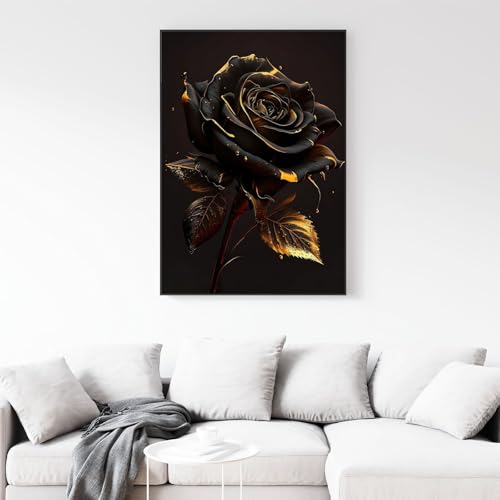 VTRXEG Bilder Schwarz Blume Gold Abstrakt,Modernes blumen bilder auf leinwand,Für Wohnzimmer Schlafzimmer Wanddekoration poster Ohne Rahmen (80x120cm)