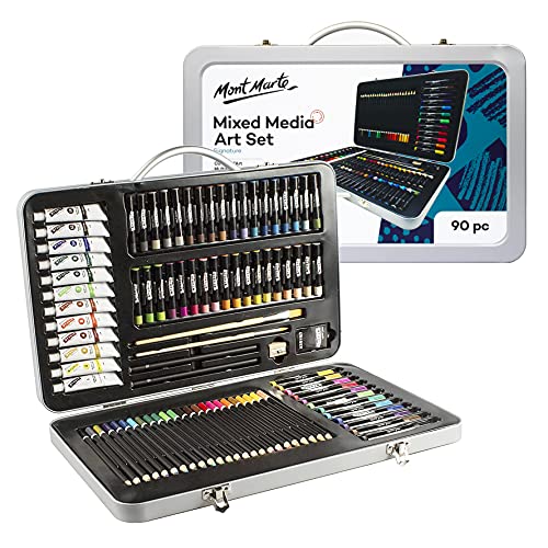 Mont Marte Premium Malset – 90-teilig – Hochwertiger Malkoffer aus Aluminium mit essentiellen Malmedien – Acryl-, Ölpastellfarben, Stifte, Pinsel und vieles mehr