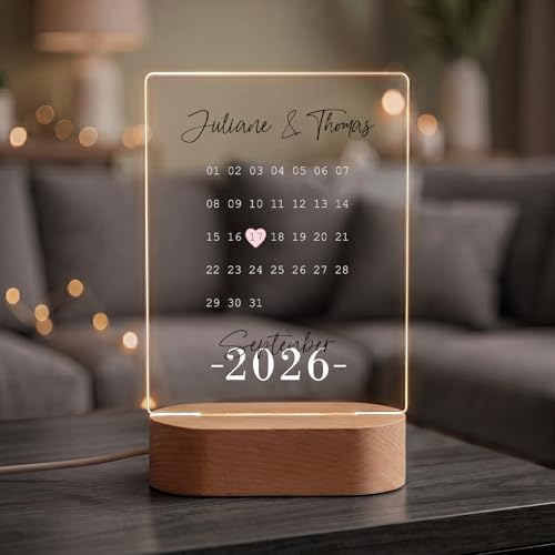 GRAVURZEILE Beleuchtetes Acrylglas - Kalender mit Jahrestag - Personalisierte mit Namen & Datum - Pärchengeschenk zum Jubiläum - Geschenk zur Hochzeit Valentinstag für Sie & Ihn - Farbe: Schwarz