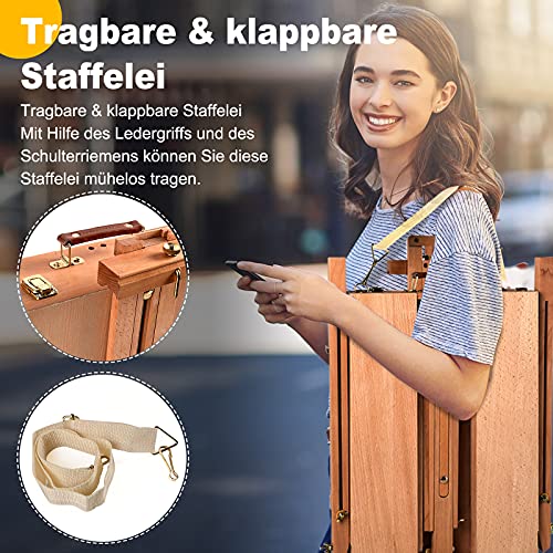 COSTWAY große Holzstaffelei 183 cm, klappbar mit Ablage, Schublade und Schultergurt