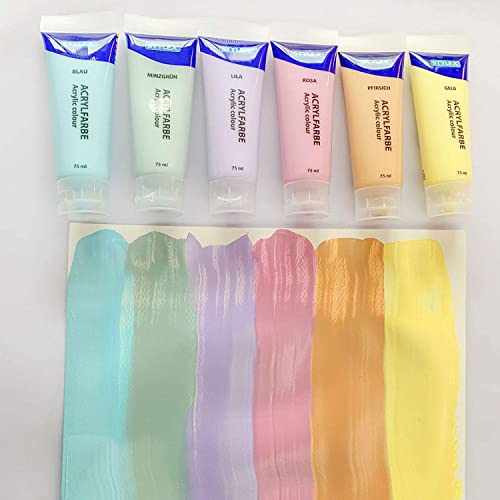 Stylex 28629 - Pastell Acrylfarben im Set, 6 Tuben á 75 ml, auf Wasserbasis hergestellt, matt, hohe Deck- und Farbkraft, lichtbeständig, schnelltrocknend und wasserfest