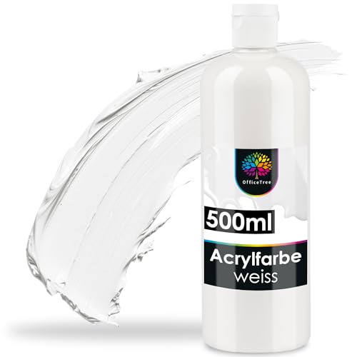 OfficeTree Acrylfarbe Weiß 500ml - Acrylfarbe Wasserbasis Weiß - White Acrylic Paint für Acrylmalerei, Hobbykünstler - Weiße Acrylfarbe Ideal zum Mischen