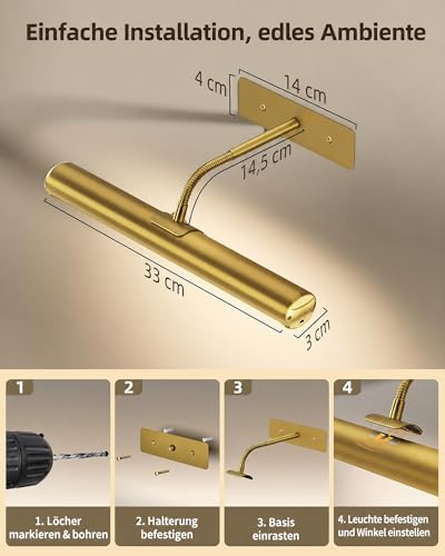 EZVALO kabellose LED Bilderleuchte mit Akku 4000 mAh, Gold, 2er-Set